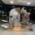 Leia mais sobre o artigo 18 Anos Painel Romano Off White com HappyBirthday – Trabalho de Bolas com Arco Orgânico