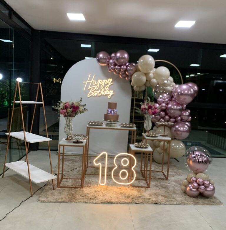 Leia mais sobre o artigo 18 Anos Painel Romano Off White com HappyBirthday – Trabalho de Bolas com Arco Orgânico