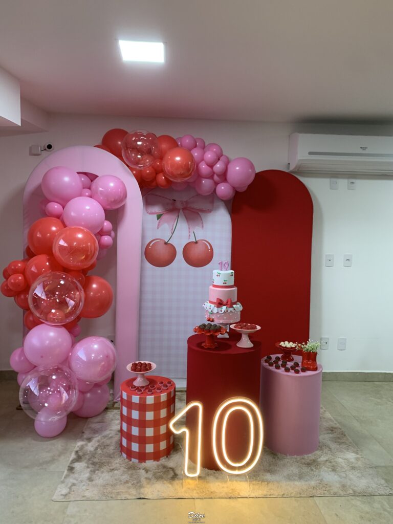 Leia mais sobre o artigo Festa da Cerejinha Com Painel Romano/Oval e Portal  – Adulto – Trabalho de Bolas com Arco Orgânico