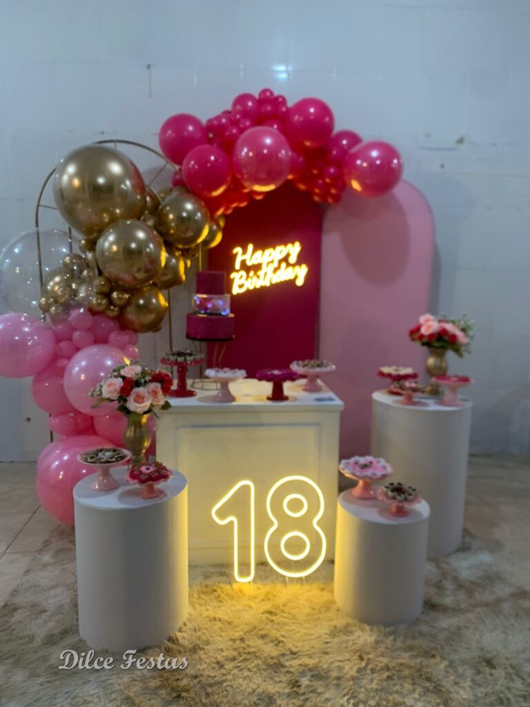 Leia mais sobre o artigo 18 Anos Painel Romano/Oval Rosa e Pink  – Adulto – Trabalho de Bolas Com Arco Orgânico