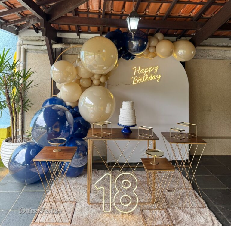 Leia mais sobre o artigo 18 Anos Azul Marinho e Areia Bege – Adulto –  Trabalho em Balões com Arco Orgânico