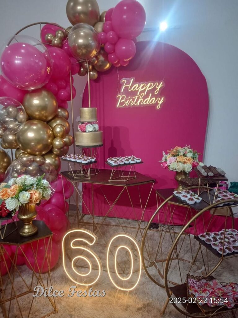 Leia mais sobre o artigo 60 Anos Pink e Dourado – Adulto – Arco de Bolas Orgânico