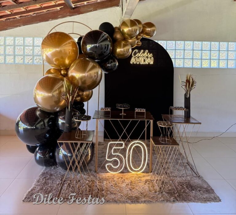 Leia mais sobre o artigo 50 Anos com Celebre a Vida de Led – Preto e Dourado – Adulto – Trabalho em Balões com Arco Orgânico
