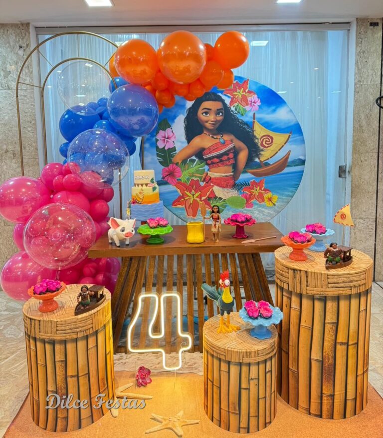 Leia mais sobre o artigo Moana Painel Redondo com Portal Álbum VIV – Trabalho em Balões com Arco Orgânico