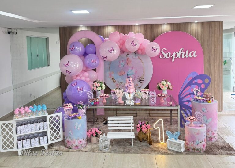 Leia mais sobre o artigo 1 Ano – Jardim Das Borboletas Painel Redondo com Oval e Portal Rosa – Trabalho em Balões com Arco Orgânico