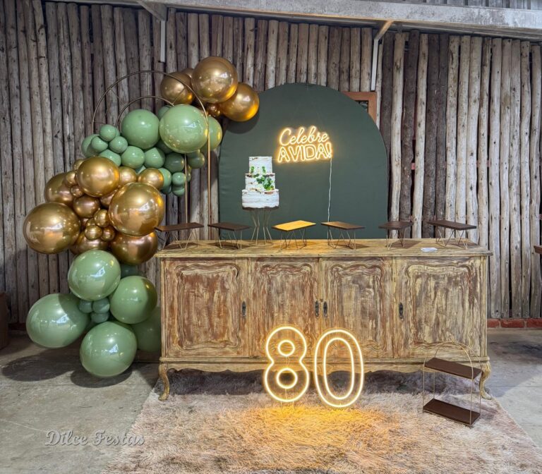 Leia mais sobre o artigo 80 Anos Painel Oval Verde Eucalipto – Adulto – Trabalho em Balões com Arco Orgânico Verde e Dourado