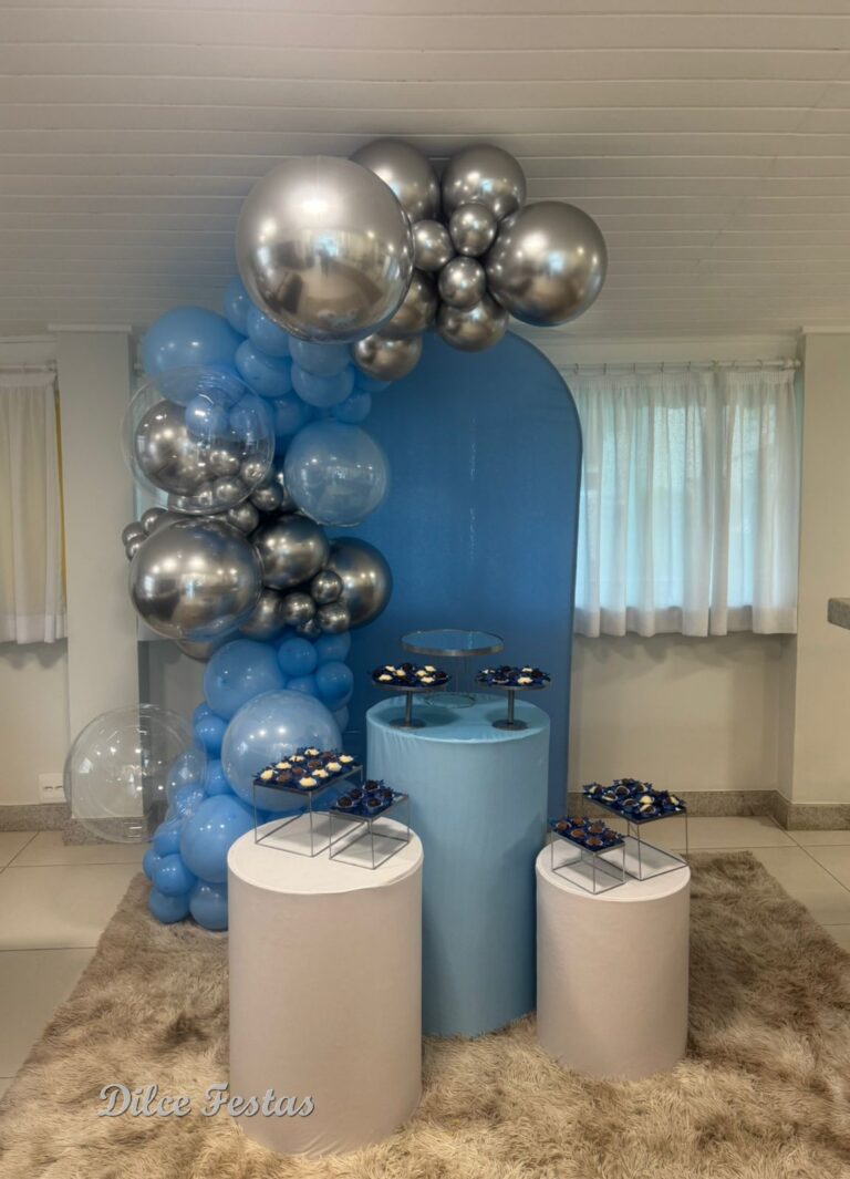 Leia mais sobre o artigo Painel Oval Azul Claro – Decoração em Balões com Arco Orgânico