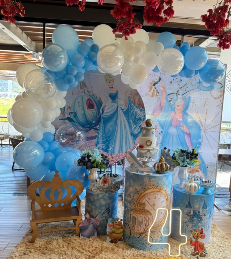 Leia mais sobre o artigo Cinderela Painel Redondo e Retangular – Decoração em Balões com Arco Orgânico Azul e Branco