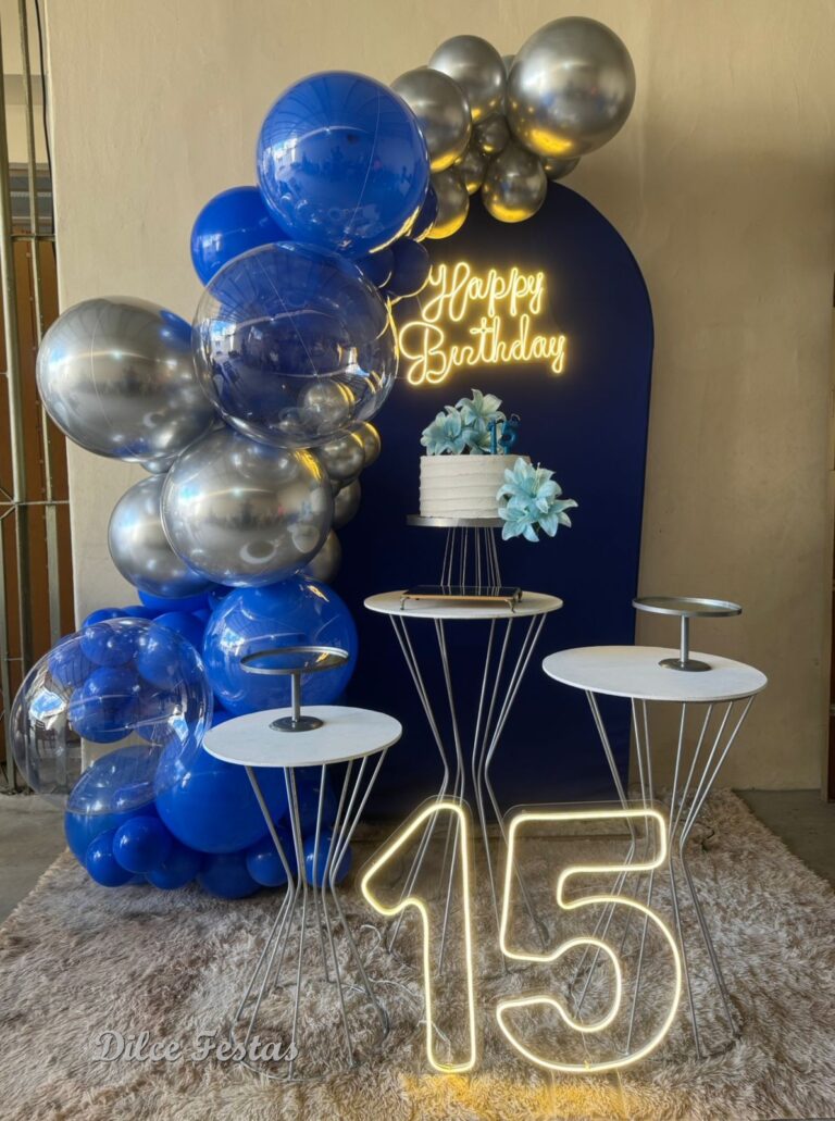 Leia mais sobre o artigo 15 Anos Painel Oval Azul Royal – Adulto – Decoração em Balões com Arco Orgânico Azul e Prata