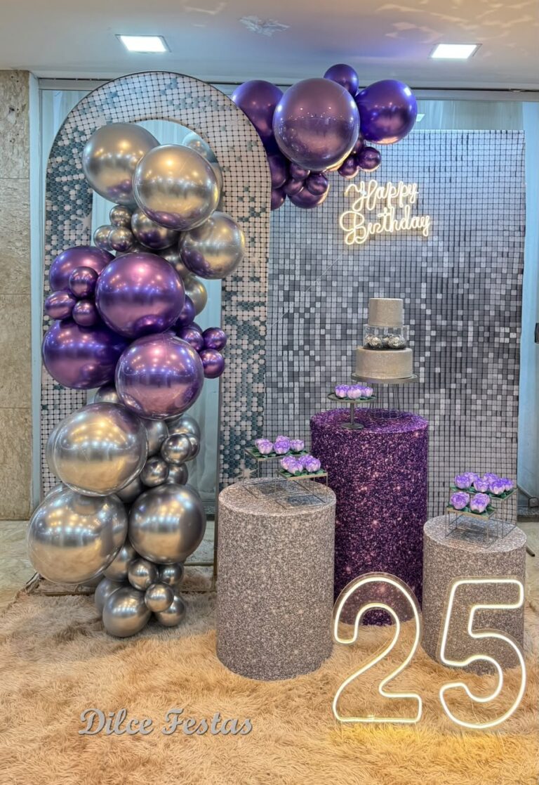 Leia mais sobre o artigo 15 Anos Painel Efeito Lantejoula Prata – Adulto – Trabalho em Balões com Arco Orgânico Prata e Violeta/Roxo