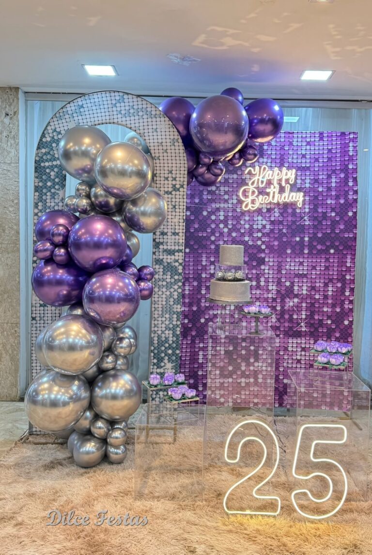 Leia mais sobre o artigo 15 Anos Painel Efeito Lantejoula Roxo- Adulto – Trabalho em Balões com Arco Orgânico Prata e Violeta/Roxo