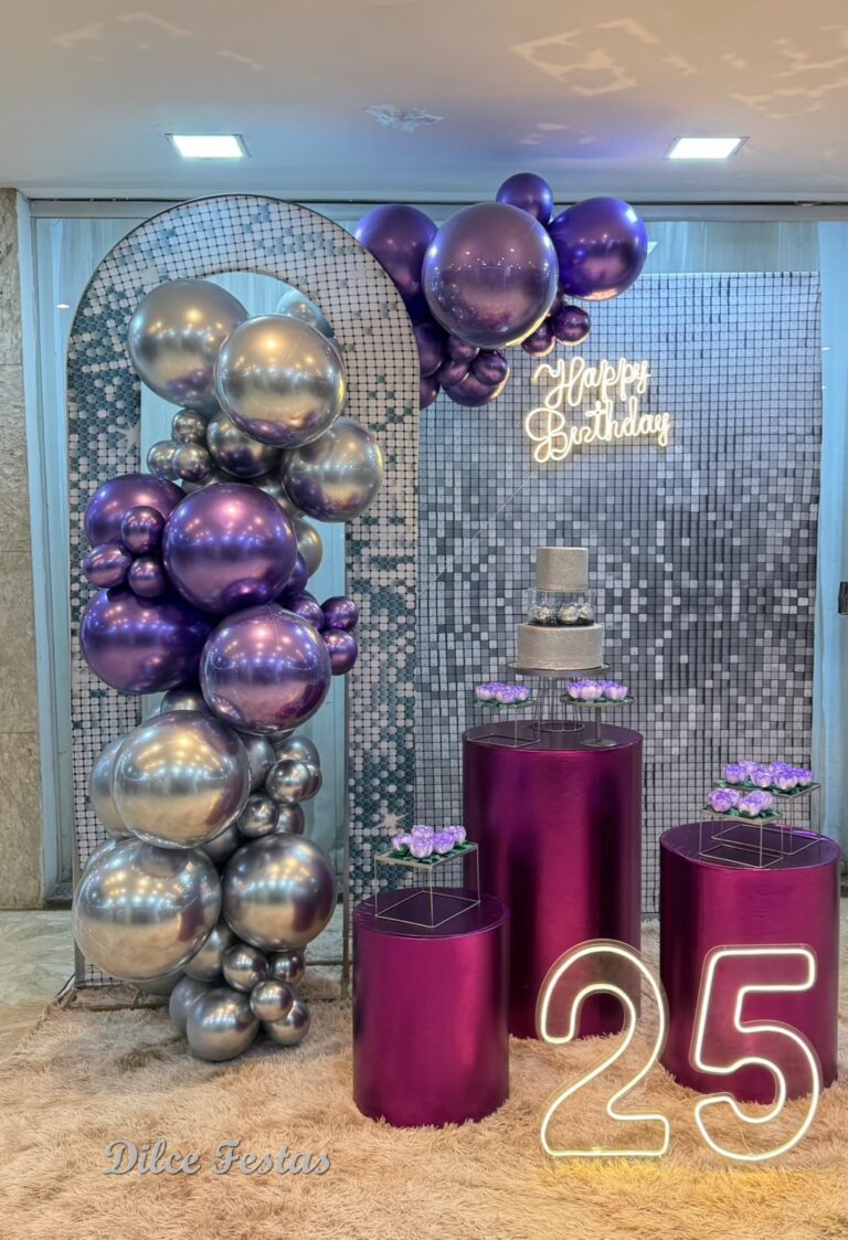 Leia mais sobre o artigo 15 Anos Painel Efeito Lantejoula Prata – Adulto – Trabalho em Balões com Arco Orgânico Prata e Violeta/Roxo