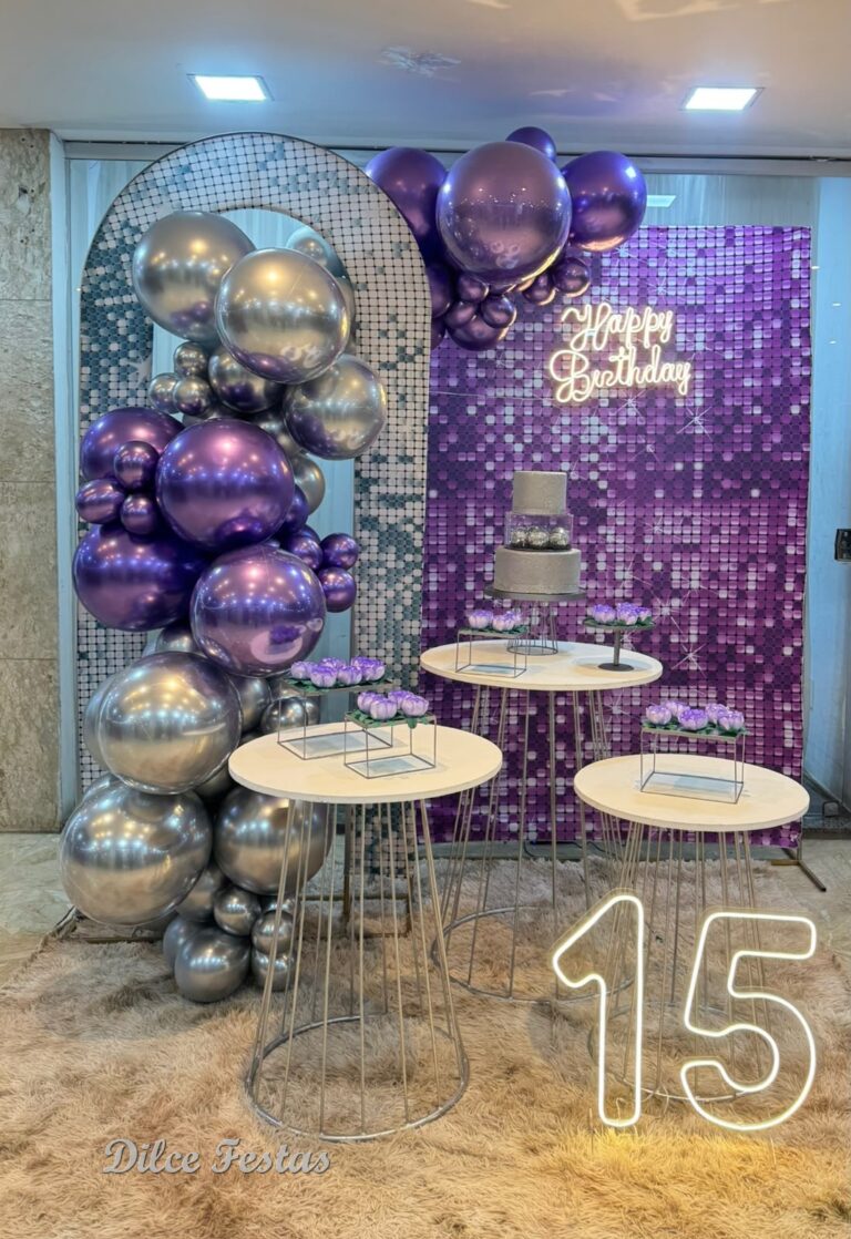Leia mais sobre o artigo 15 Anos Painel Efeito Lantejoula Roxo – Adulto – Trabalho em Balões com Arco Orgânico Prata e Violeta/Roxo