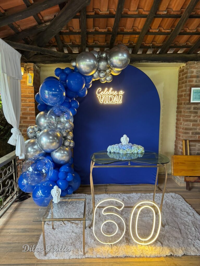 Leia mais sobre o artigo Painel Oval/Romano Azul (Mesa do Cliente) – Trabalho em Balões com Arco Orgânico Prata e Azul Royal